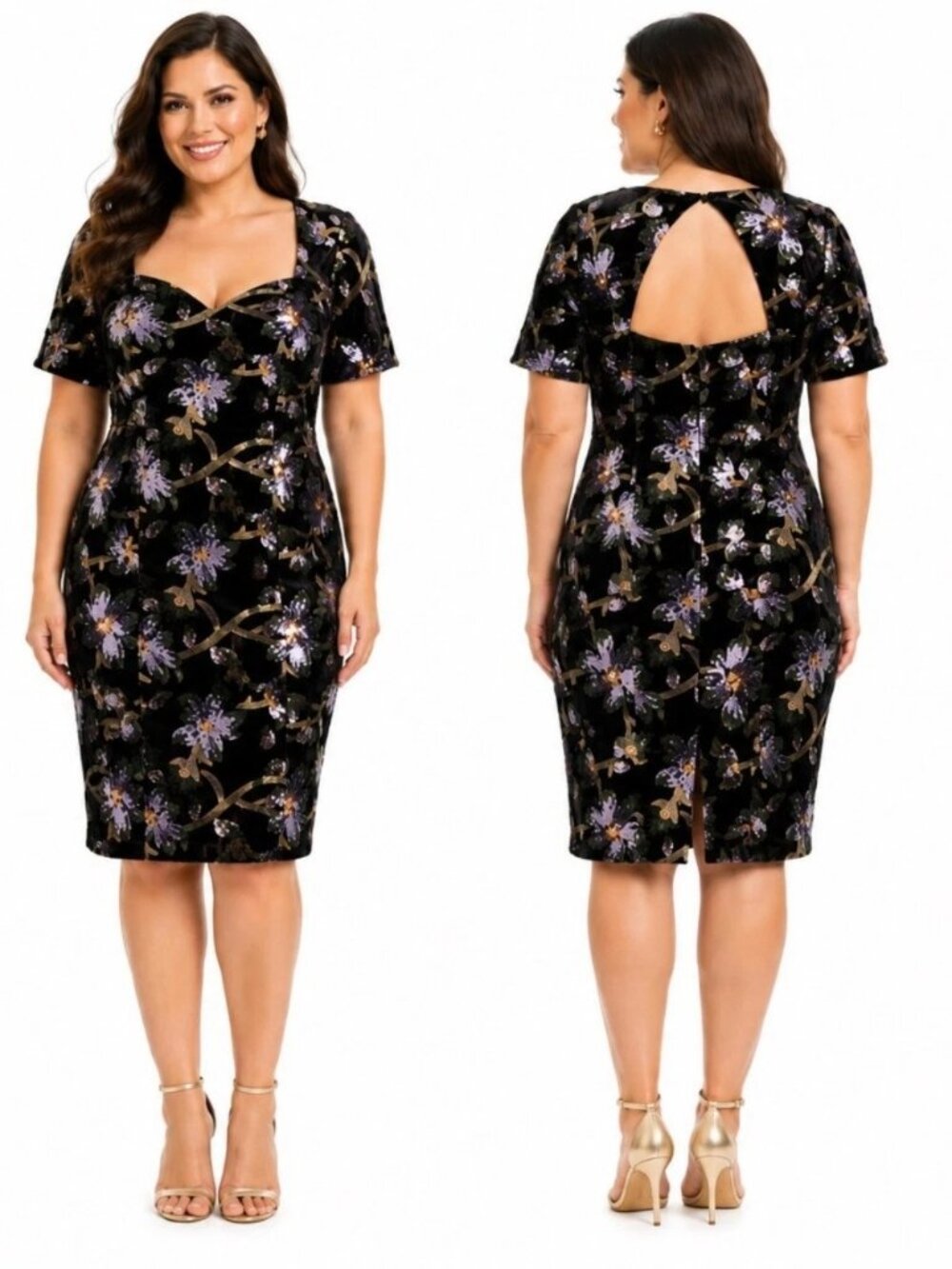Adrianna Papell Black Floral Sequin Velvet Sweetheart Sheath Dress